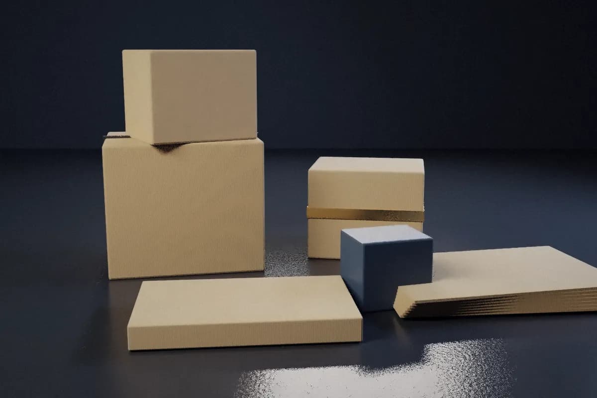 3D render of corrugated cartons, flat sheets and a printed box in a dark studio