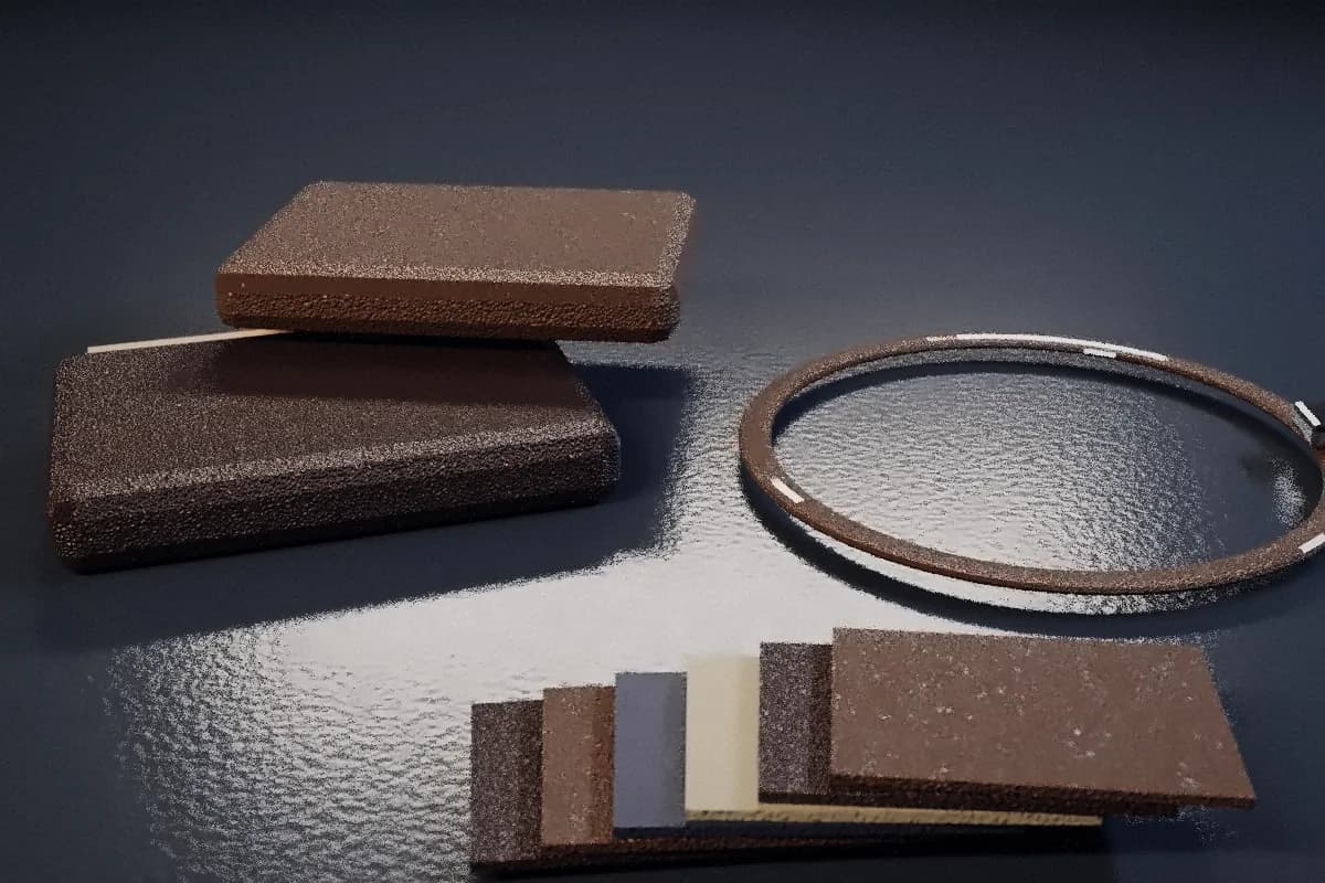 3D render of leather wallets, a belt and leather swatches on a dark surface