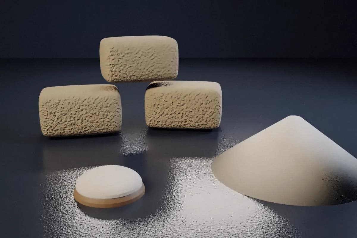 3D render of burlap rice sacks, a heap of rice and a bowl of grain