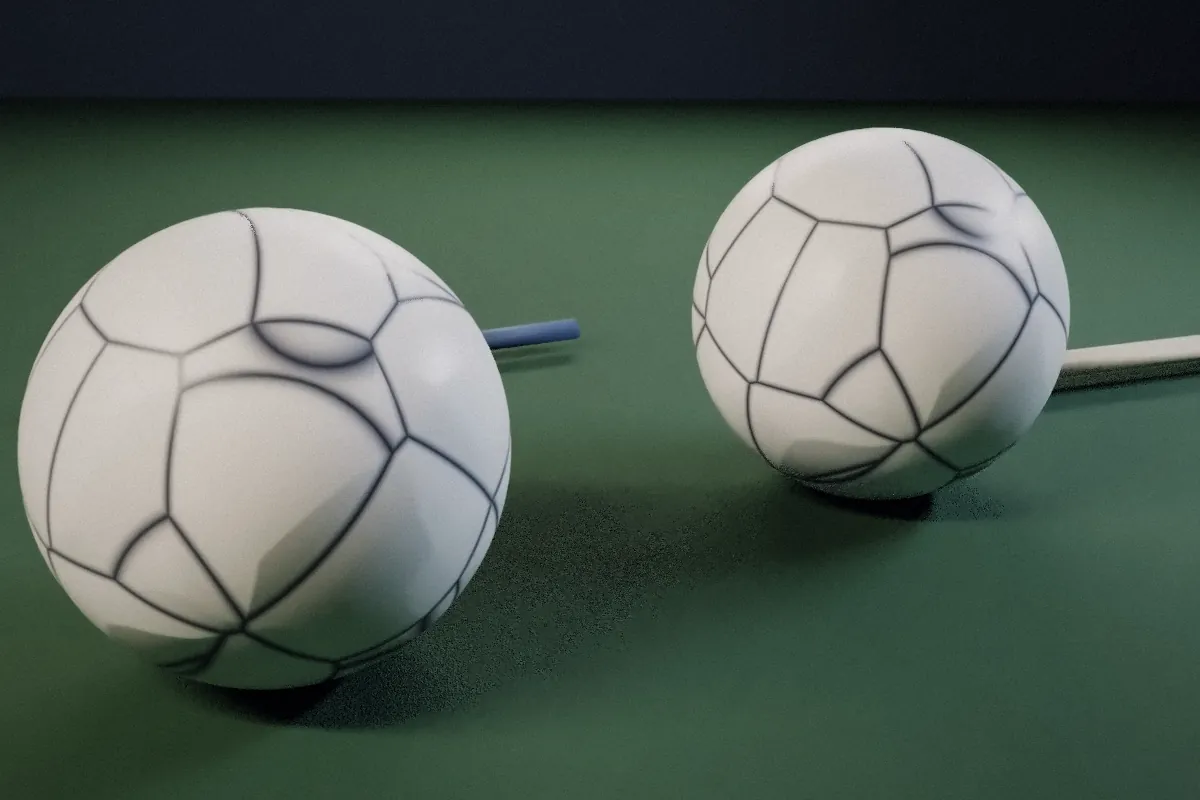 3D render of two panelled footballs, a cricket bat and stumps on turf