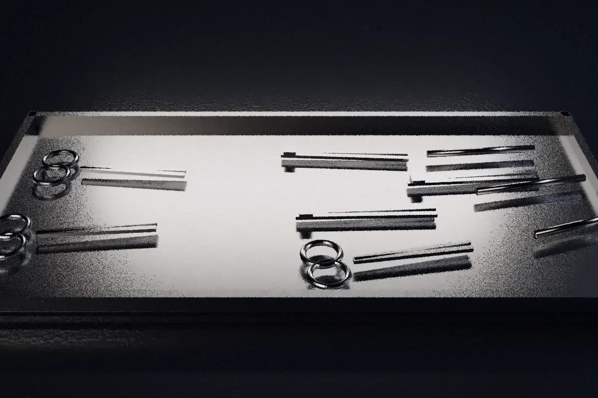 3D render of stainless steel scissors and forceps on a steel tray