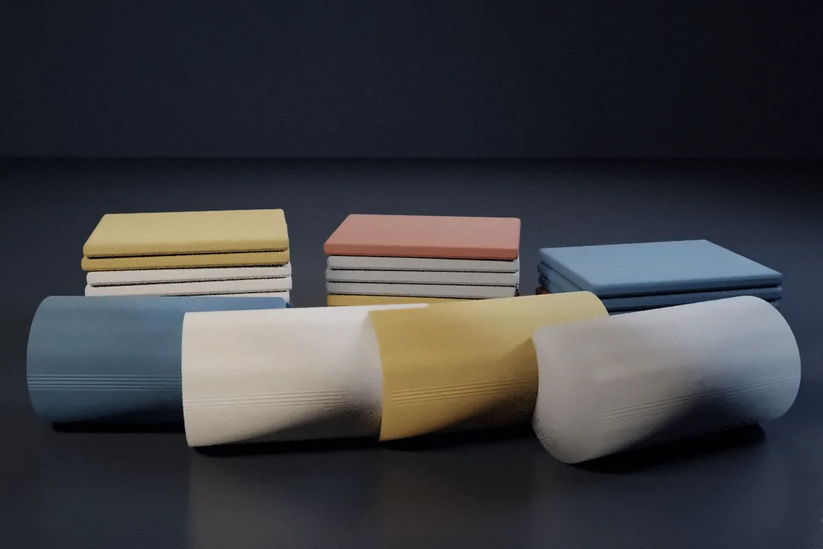 3D render of folded fabric stacks and rolled textiles in a dark studio
