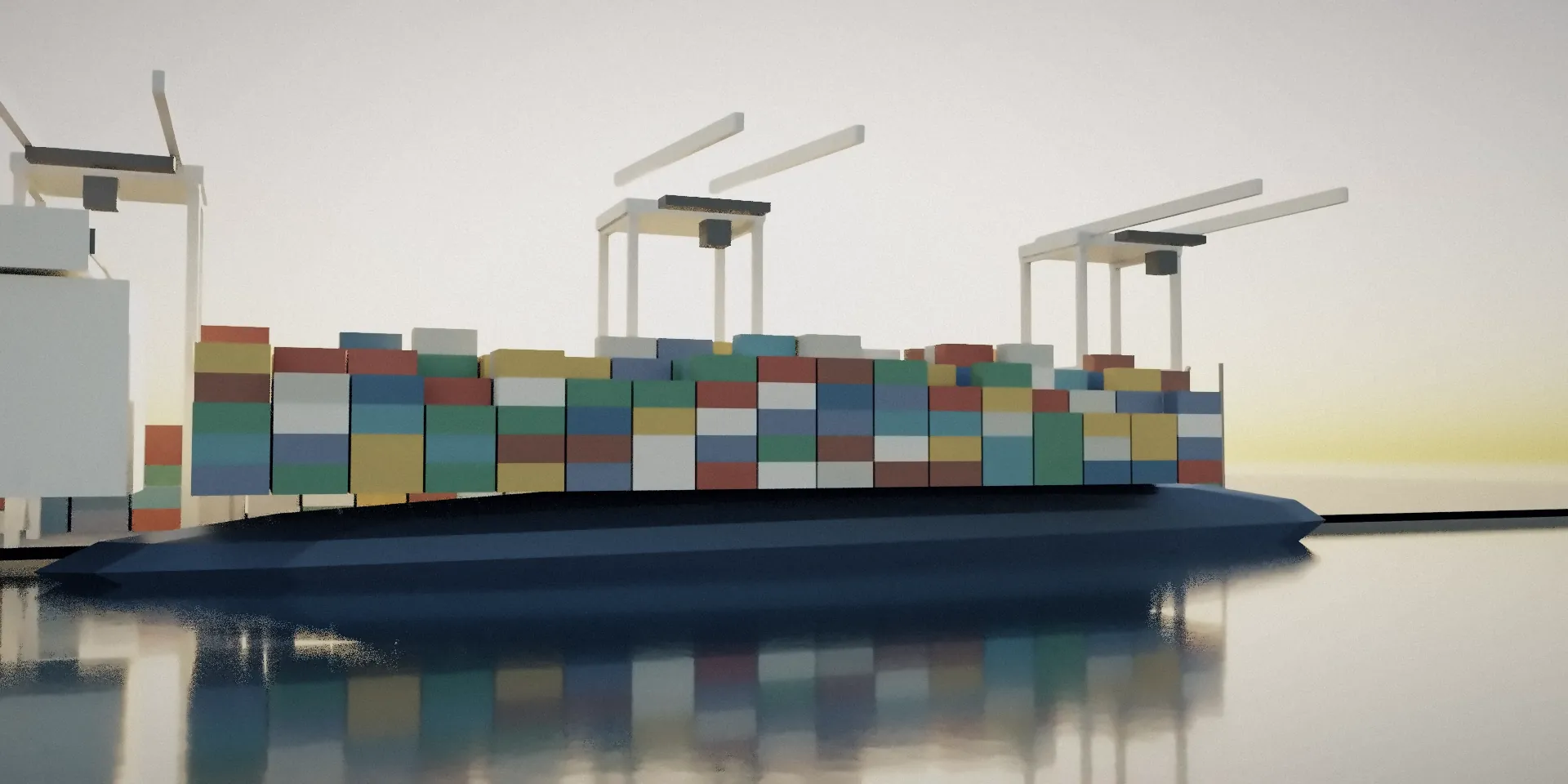 3D render of a container ship moored at a quay with ship-to-shore cranes and container stacks at golden hour