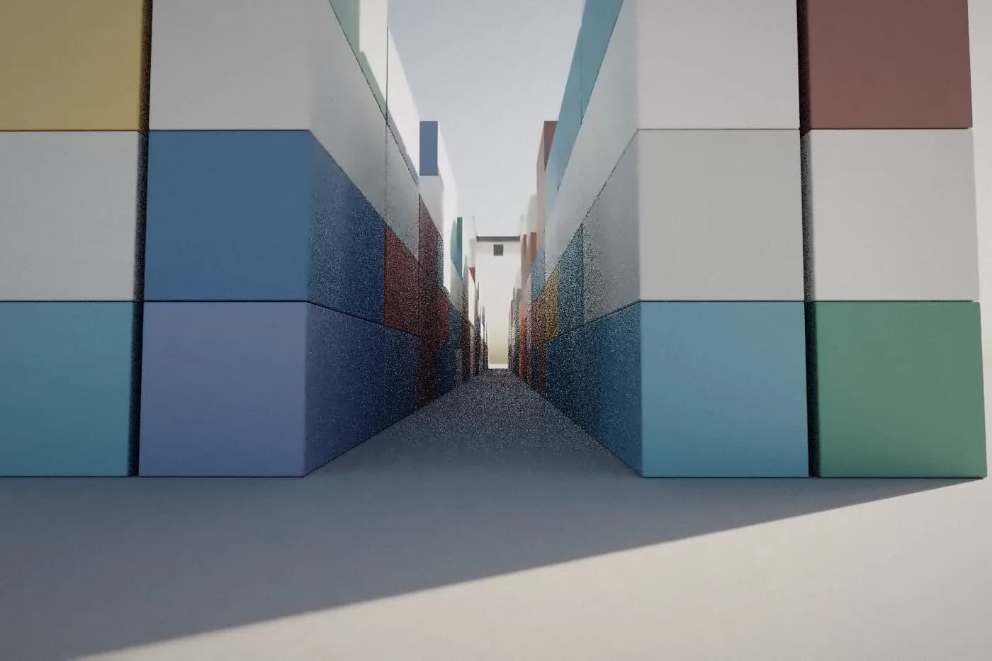 3D render of an aisle between tall stacks of shipping containers in a port yard