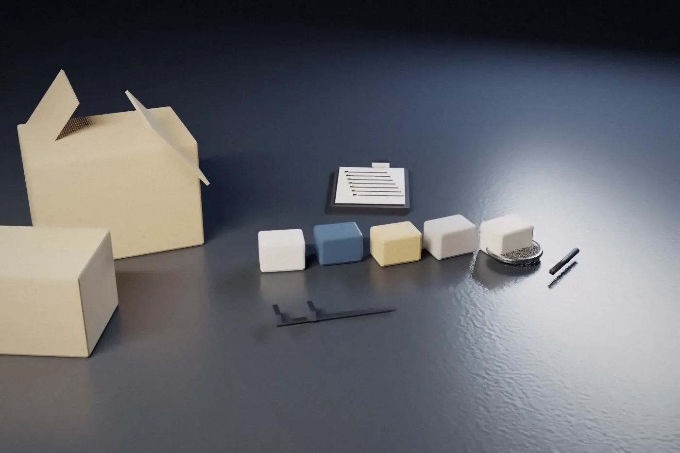 3D render of cartons, sample units, a caliper and an inspection checklist on a dark table