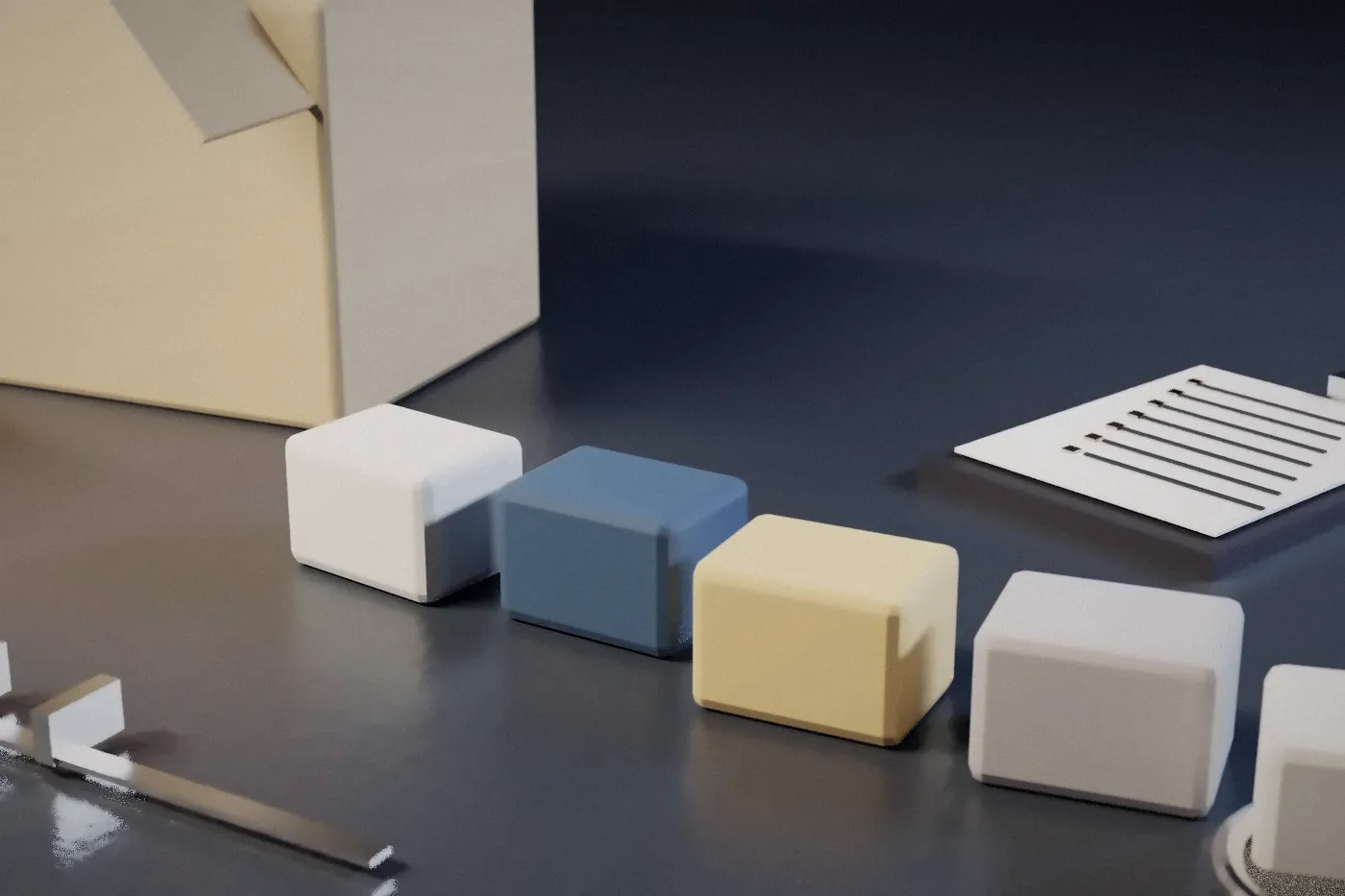3D render of product samples, a clipboard checklist and a magnifier on a dark inspection table
