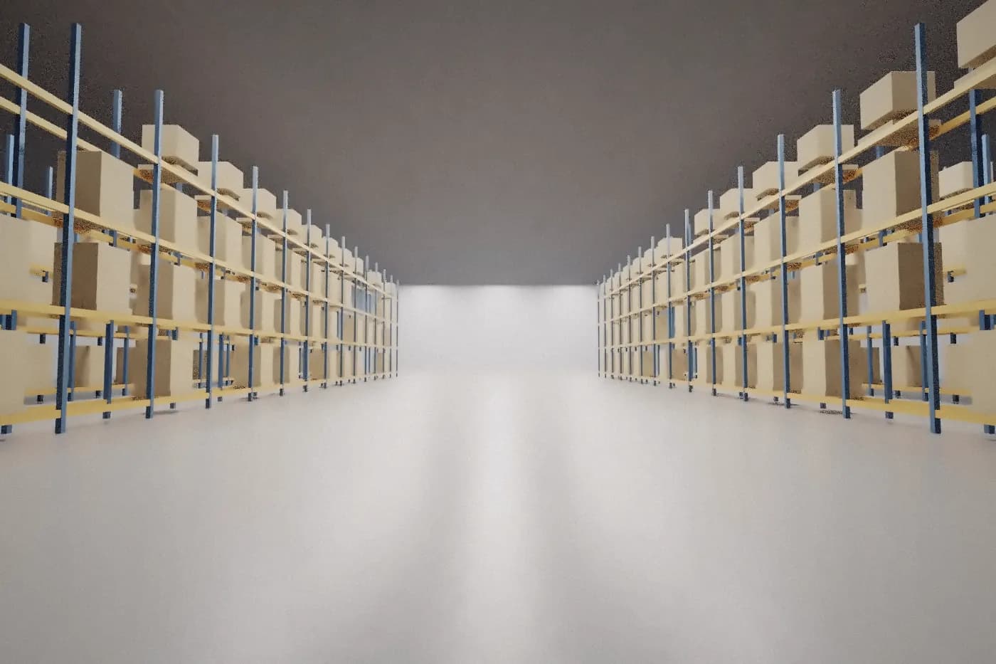 3D render of a warehouse aisle with pallet racking and stacked cartons